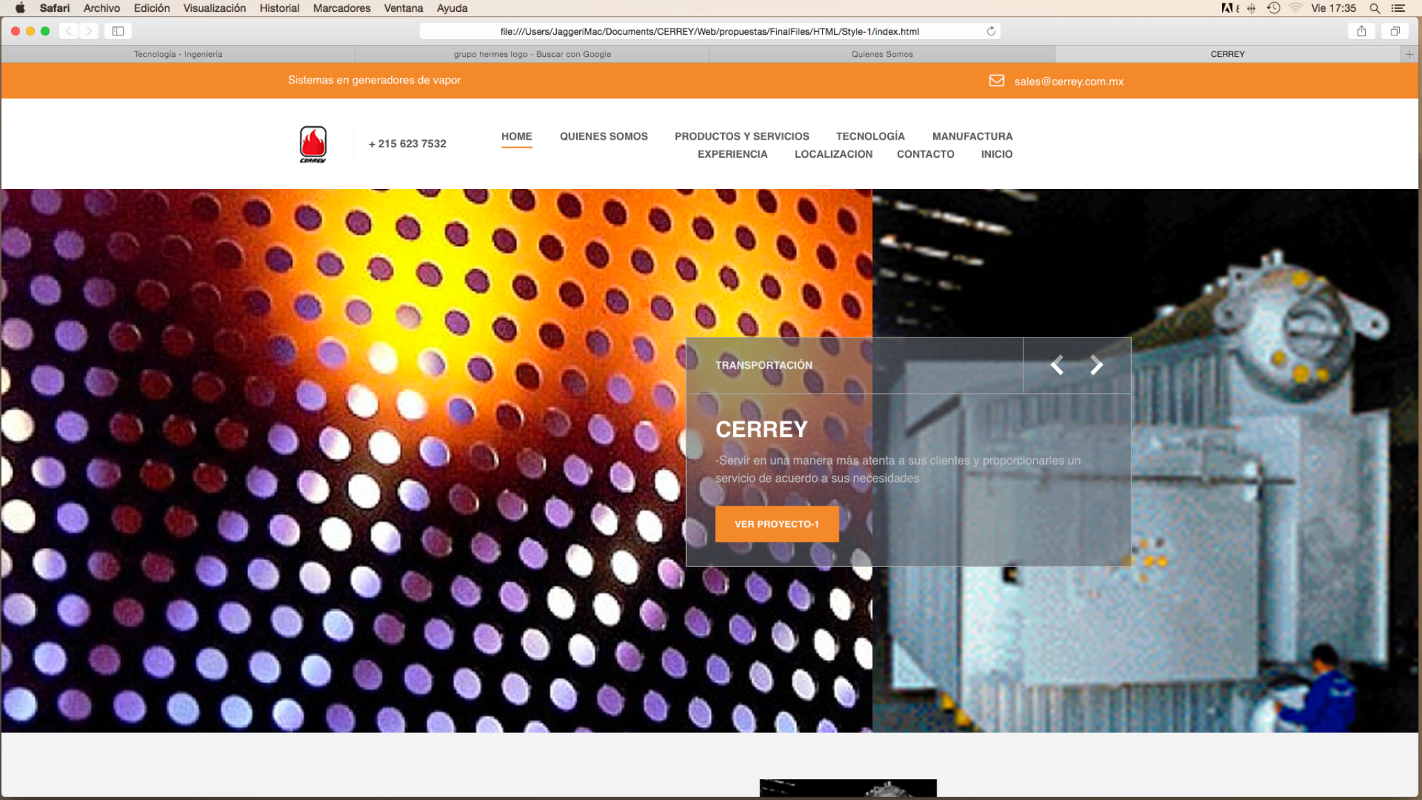 Otra pantalla hero industrial del sitio de CERREY