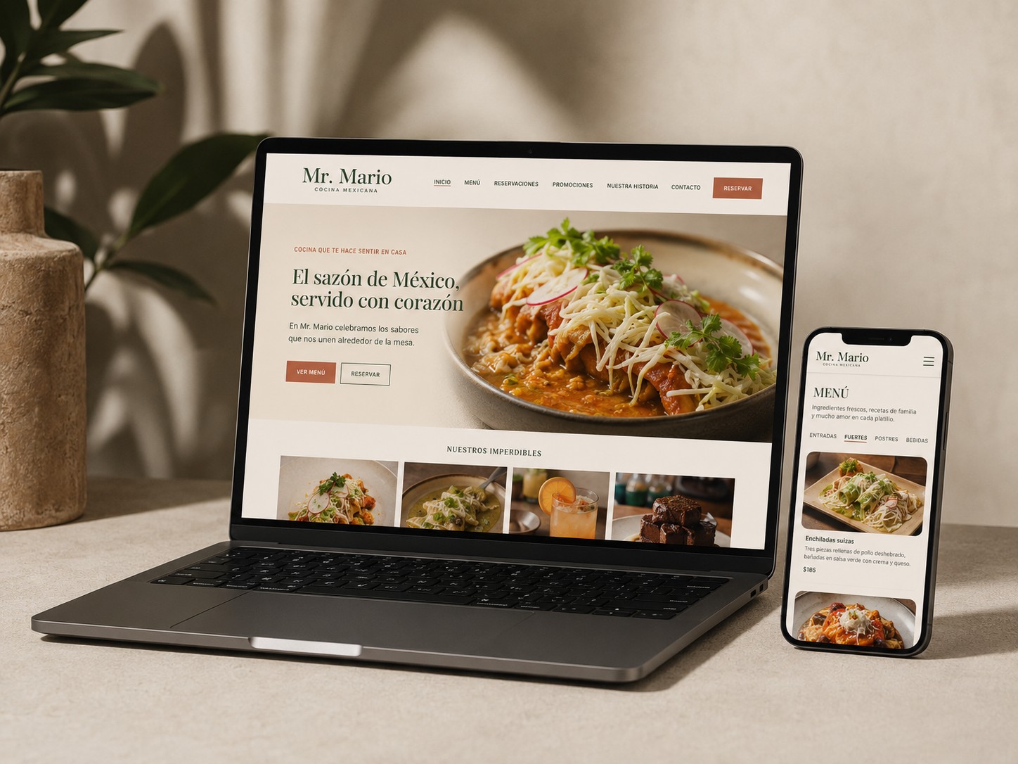 Sitio web del restaurante Mr. Mario presentado en laptop y móvil